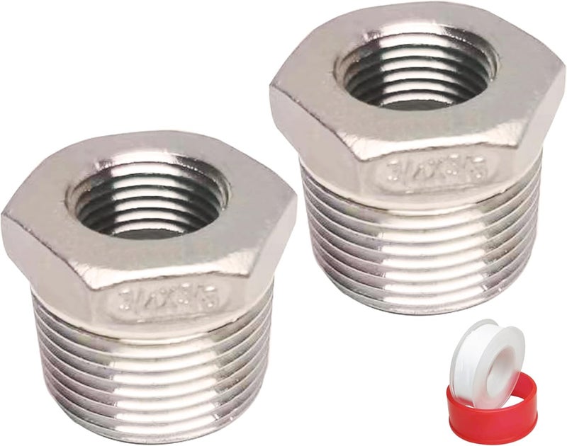 POTONZ 3/4" Male to 3/8" Female NPT Threaded Reducer Hex Bushing 304 Stainless Steel Reducing Adapter Pipe Fitting With Teflon Plumbers Tape(Pack of 2) - Image 1